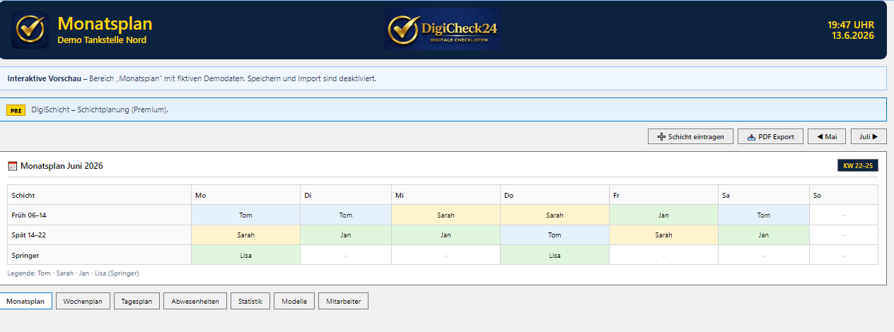 Digitale Schichtplanung Wochenplan für Tankstellen in DigiCheck24